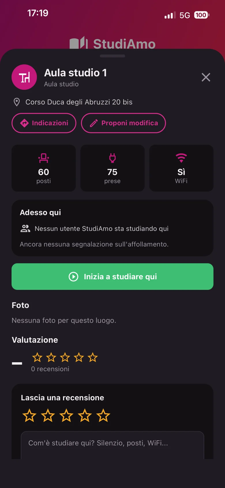 Scheda di Aula studio 1 con 60 posti, 75 prese e WiFi