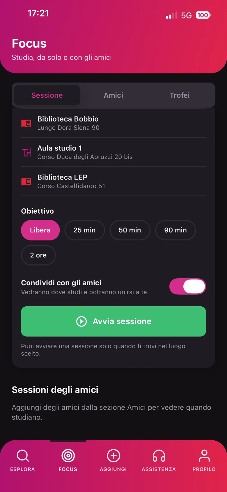 Schermata Focus con obiettivo e condivisione con gli amici